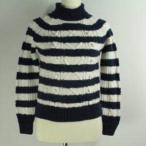 J. Crew Pom Pom Cable Knit Navy Blue White Stripe Mock Neck Sweater XXS NWT